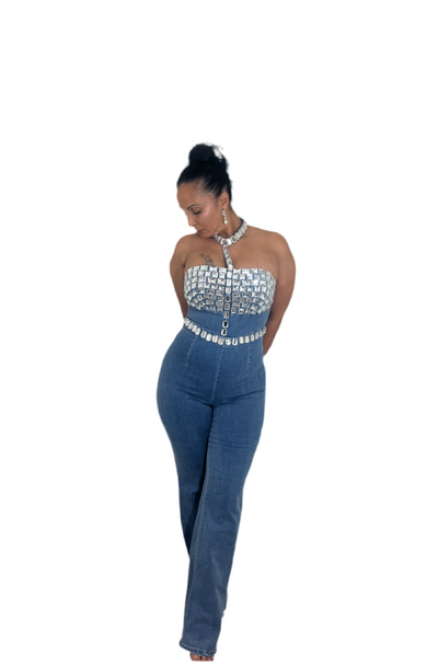 Sexy Women Denim Y2K Rhinestone Off Shoulder Sleeveless Tank Top