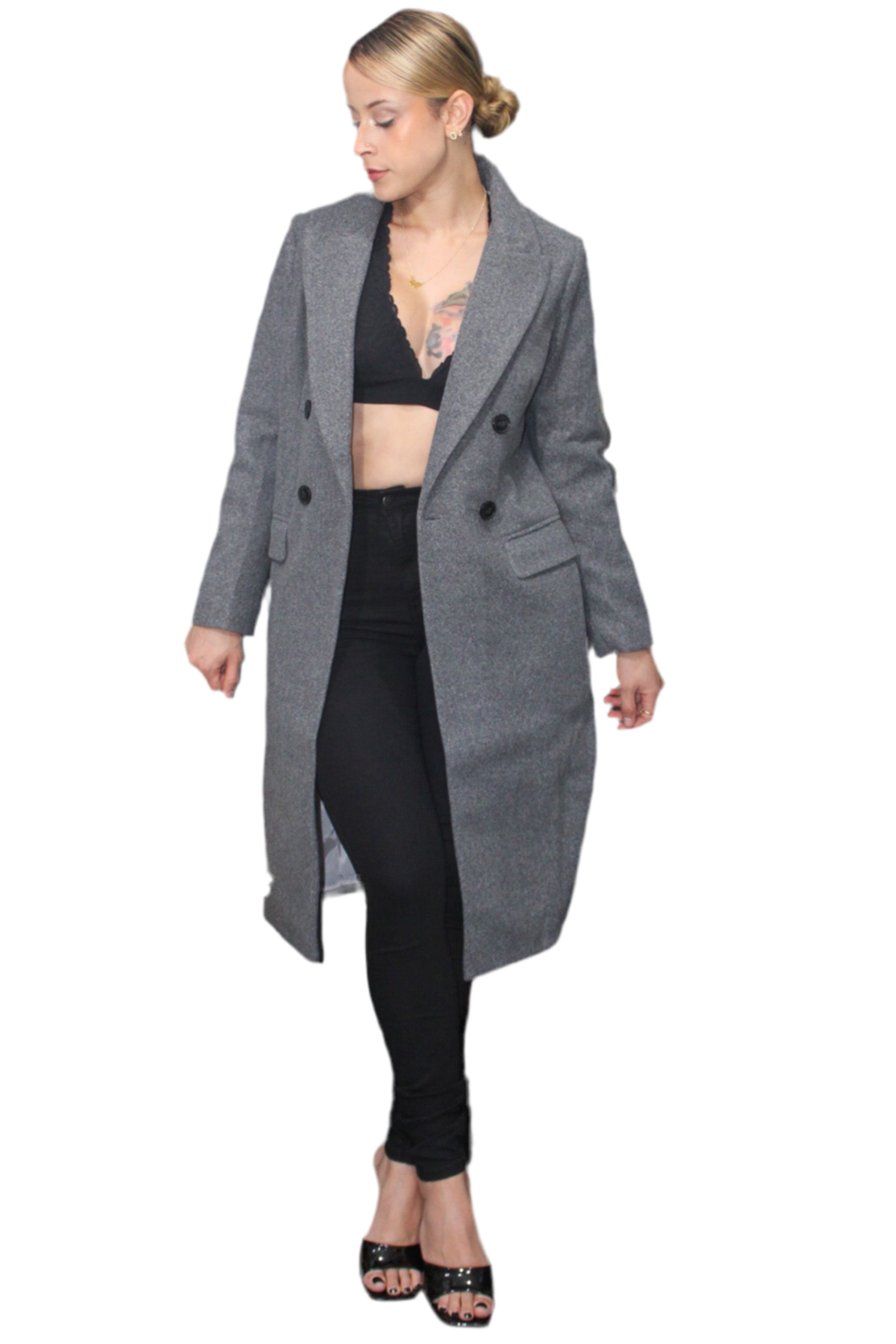 Gray Cute knee-length jacket with buttons