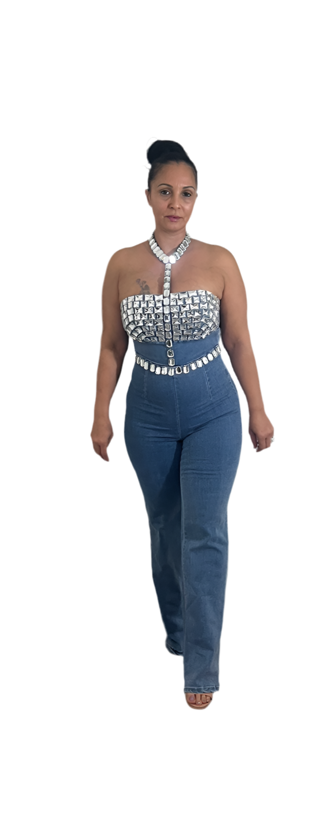 Sexy Women Denim Y2K Rhinestone Off Shoulder Sleeveless Tank Top