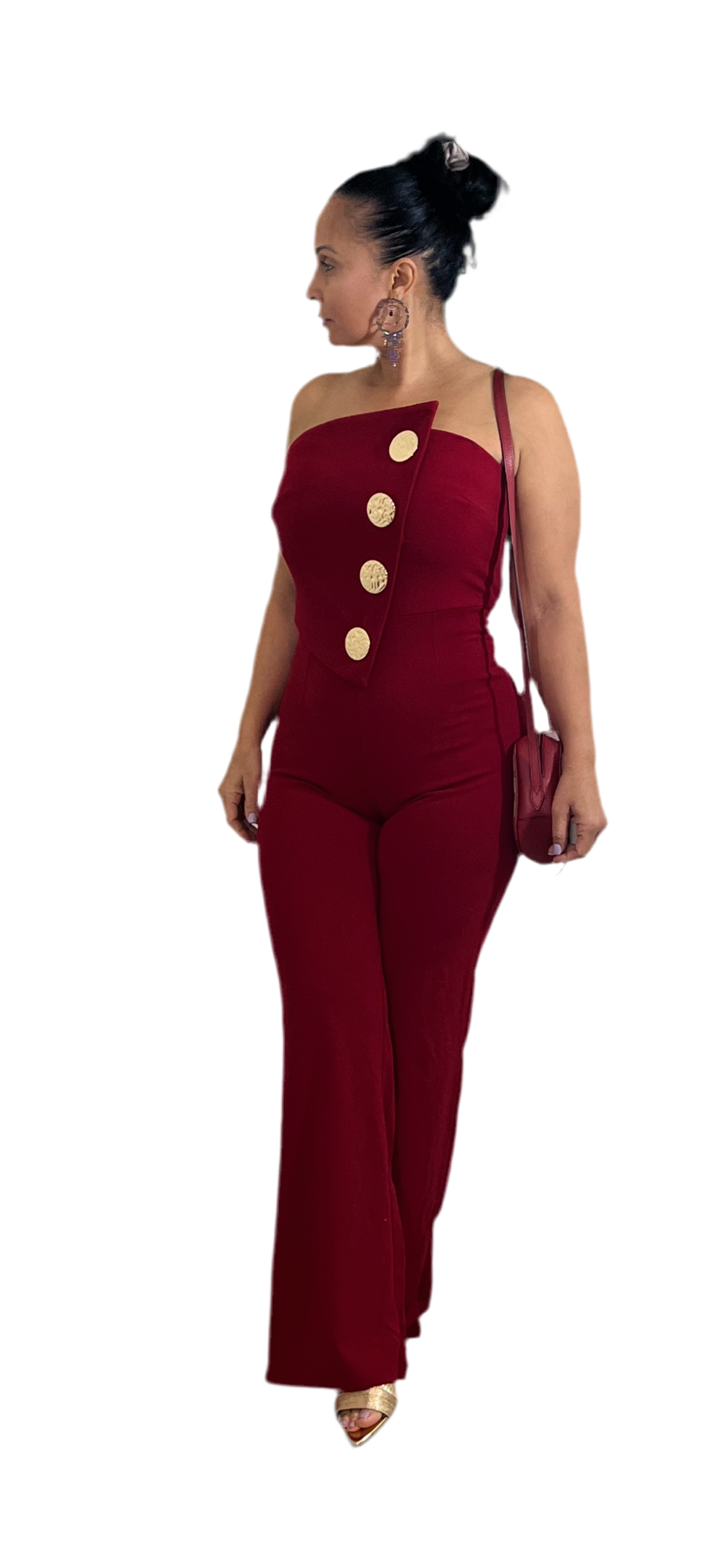 Elegant strapless jumpsuit with gold details